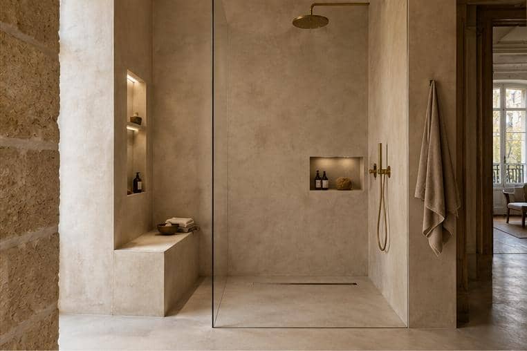 Douche à l’italienne en béton ciré beige : receveur et murs d’un seul tenant, banc maçonné, niches éclairées et robinetterie laiton, contre un mur en pierre de taille