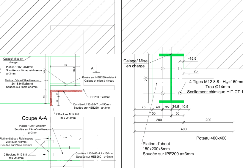 Plans de détail des assemblages : cornière sur poutre HEB260, platines d’about, tiges M12 scellées dans un poteau béton