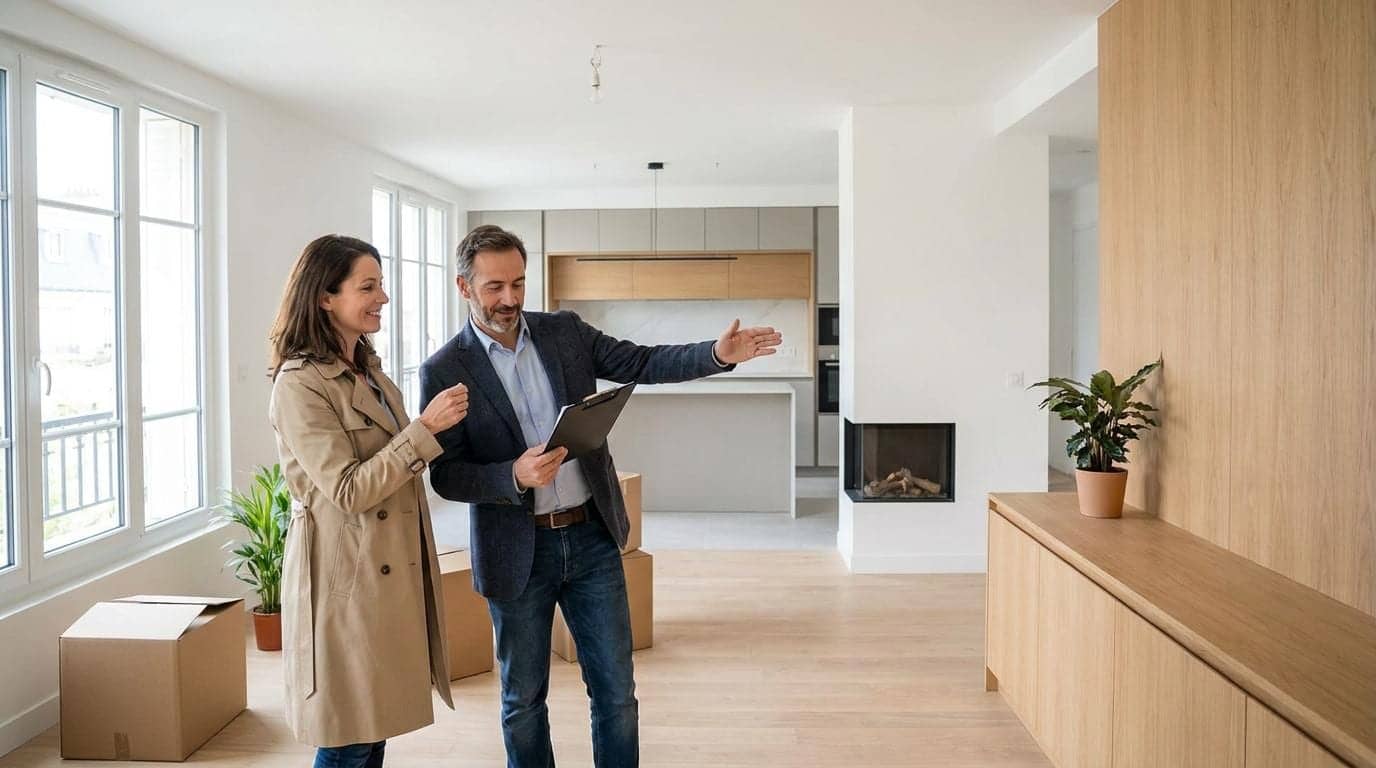 Couple visitant un appartement rénové avec cuisine ouverte, cheminée encastrée et chêne clair