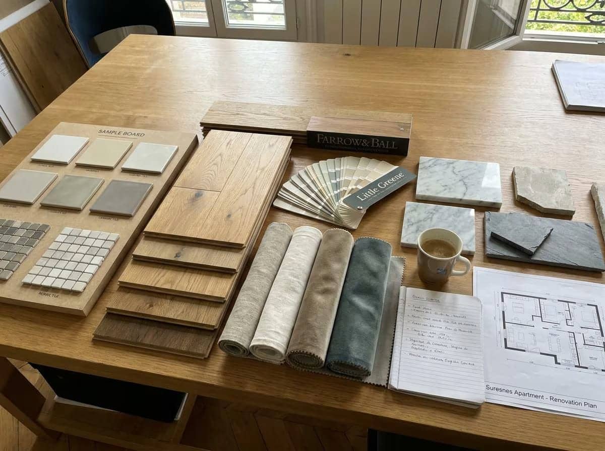 Échantillons de parquet, carrelage, marbre et tissus sur une table avec un plan de rénovation
