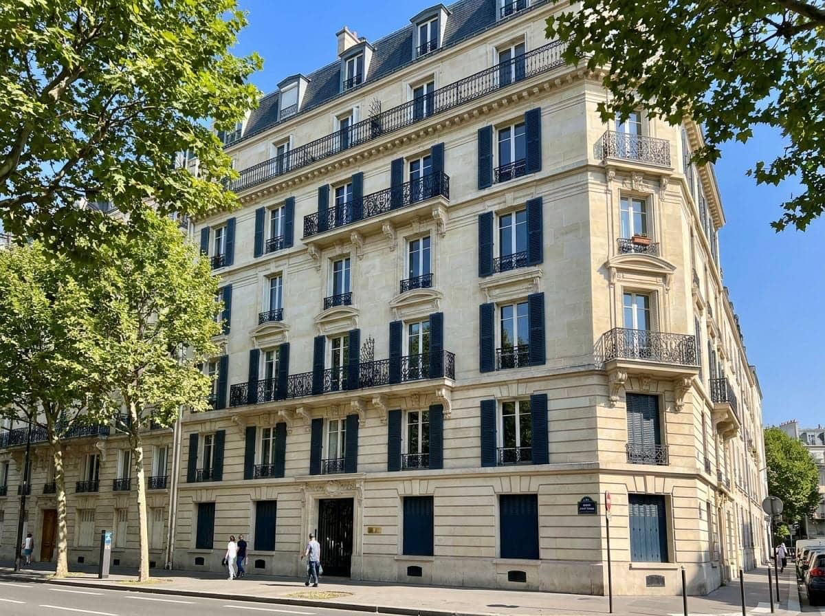 Immeuble haussmannien d'angle en pierre de taille, volets bleu marine et balcons en fer forgé