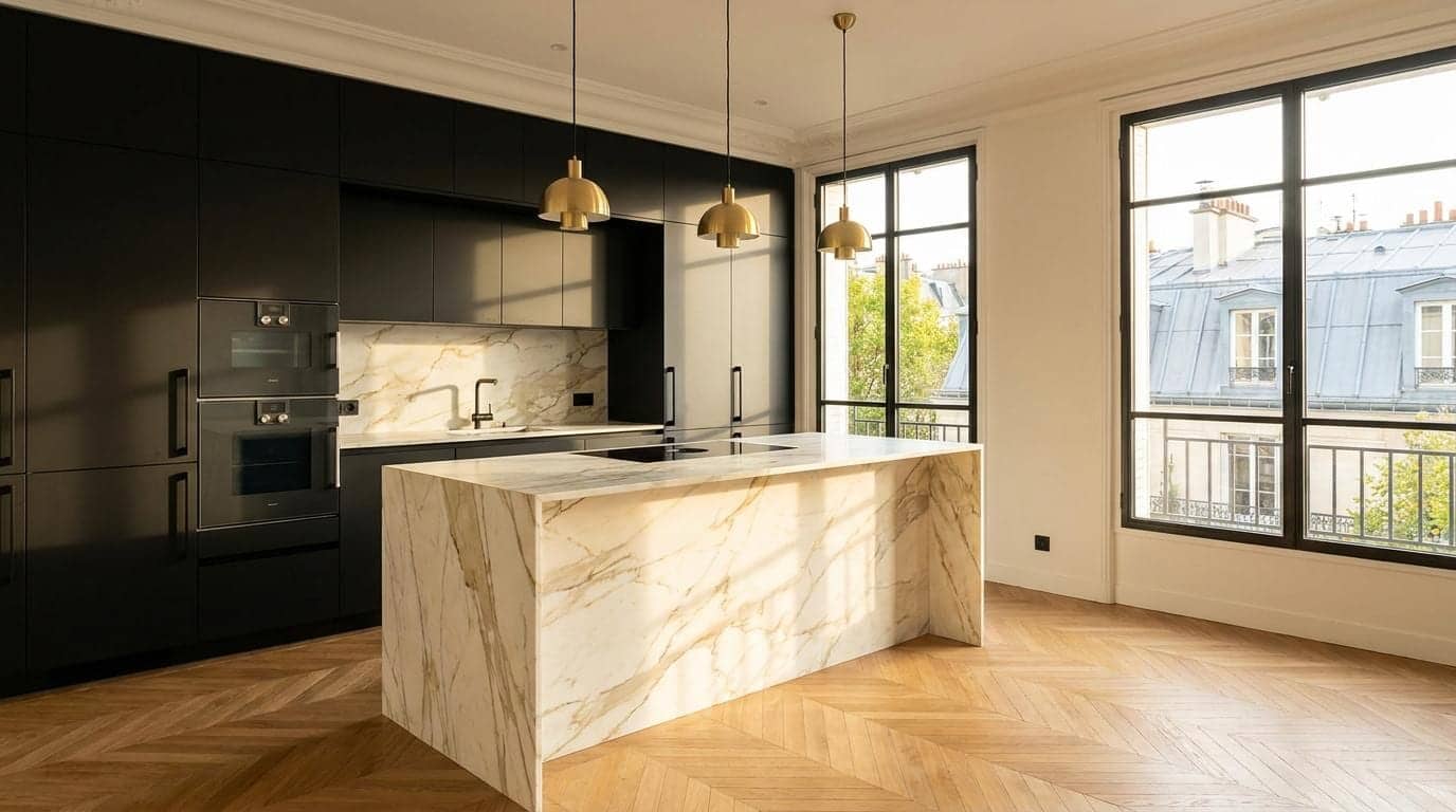 Cuisine noire mate avec îlot en marbre veiné, parquet en point de Hongrie et grandes fenêtres