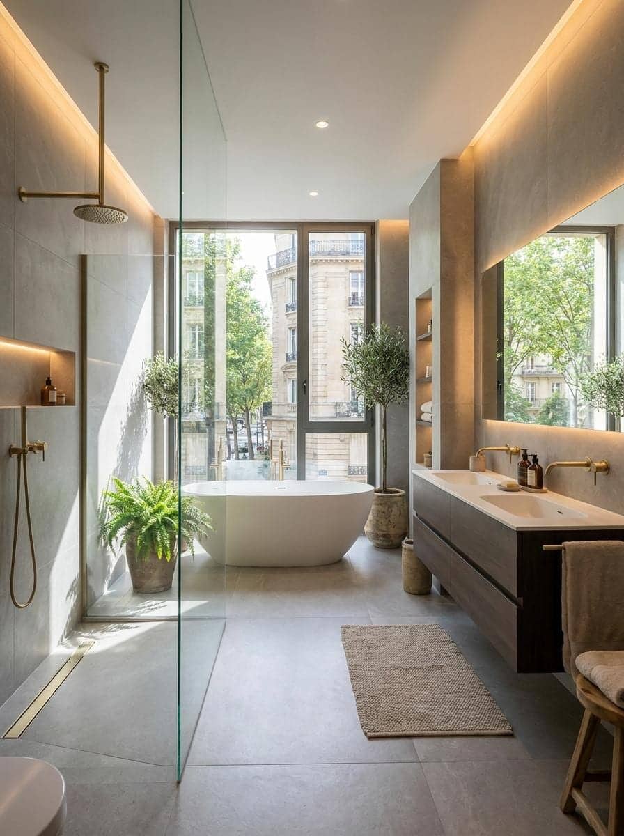 Salle de bain avec baignoire îlot, douche vitrée, double vasque et miroir rétroéclairé