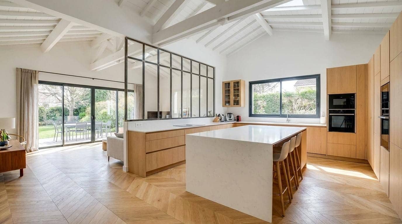 Cuisine ouverte sous charpente blanche, îlot en quartz, verrière d'atelier et baie sur jardin