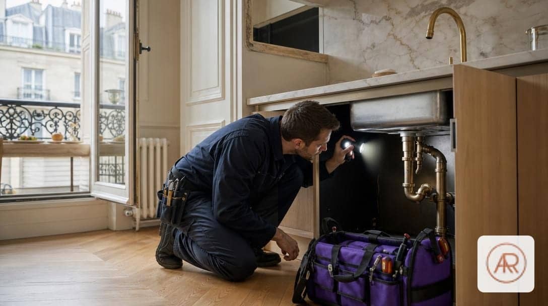 Plombier paris 11 inspectant une fuite d'eau sous un évier dans un appartement parisien.