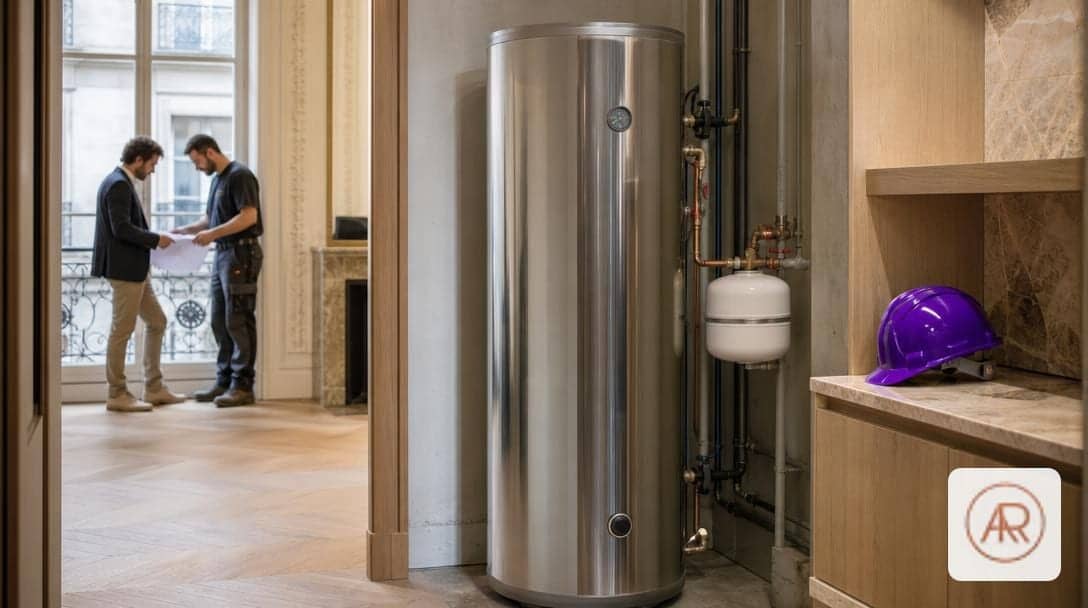 Ballon d'eau chaude vertical en acier inoxydable dans un local technique d'appartement haussmannien, raccordé et prêt à l'uso