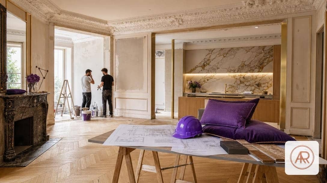 Appartement en rénovation complète à Paris, pièce en chantier aux murs nus et plan d'architecte