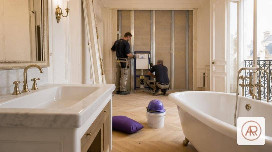 Lavabo et baignoire (appareils sanitaires) en chantier de rénovation, artisans posant un bâti‑support, ambiance haussmannien,