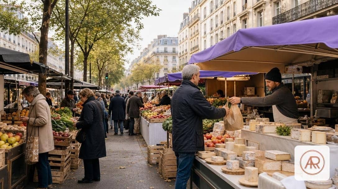 Étals du marché Bastille avec fruits, légumes et fromages sur le boulevard Richard-Lenoir à Paris