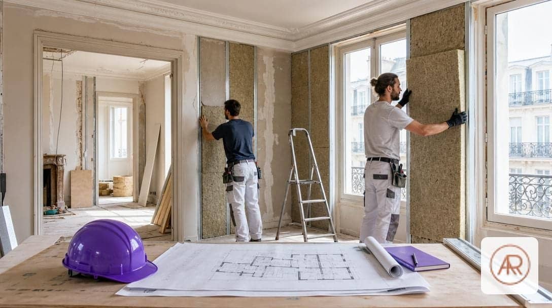 Chantier d’un appartement 80 m² après démolition légère, isolation murale en cours, plans et casque violet #7C5CFC au premier