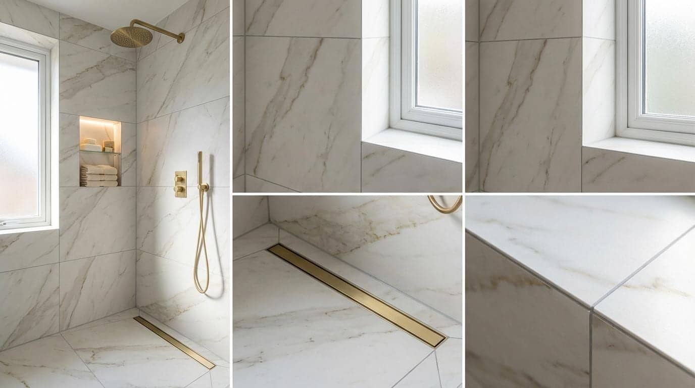 Collage de douche en marbre blanc avec robinetterie et caniveau dorés à Courbevoie