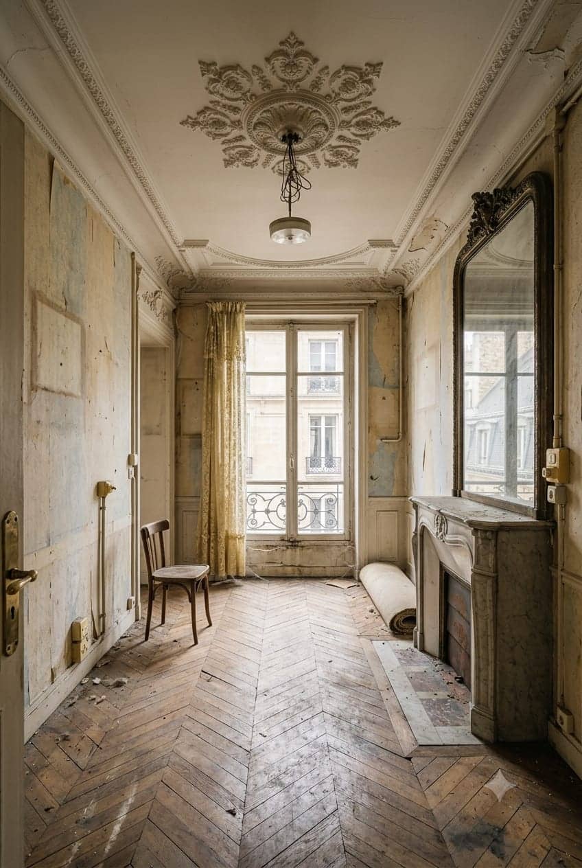 Pièce d'un appartement haussmannien avant rénovation avec rosace, cheminée, miroir et parquet usé