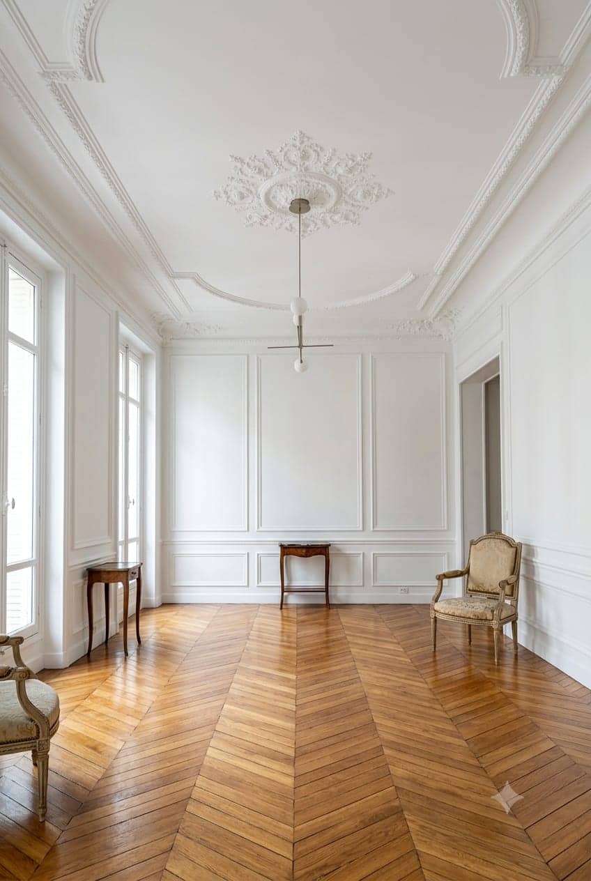 Salon d'appartement haussmannien rénové, parquet en point de Hongrie, moulures et rosace au plafond