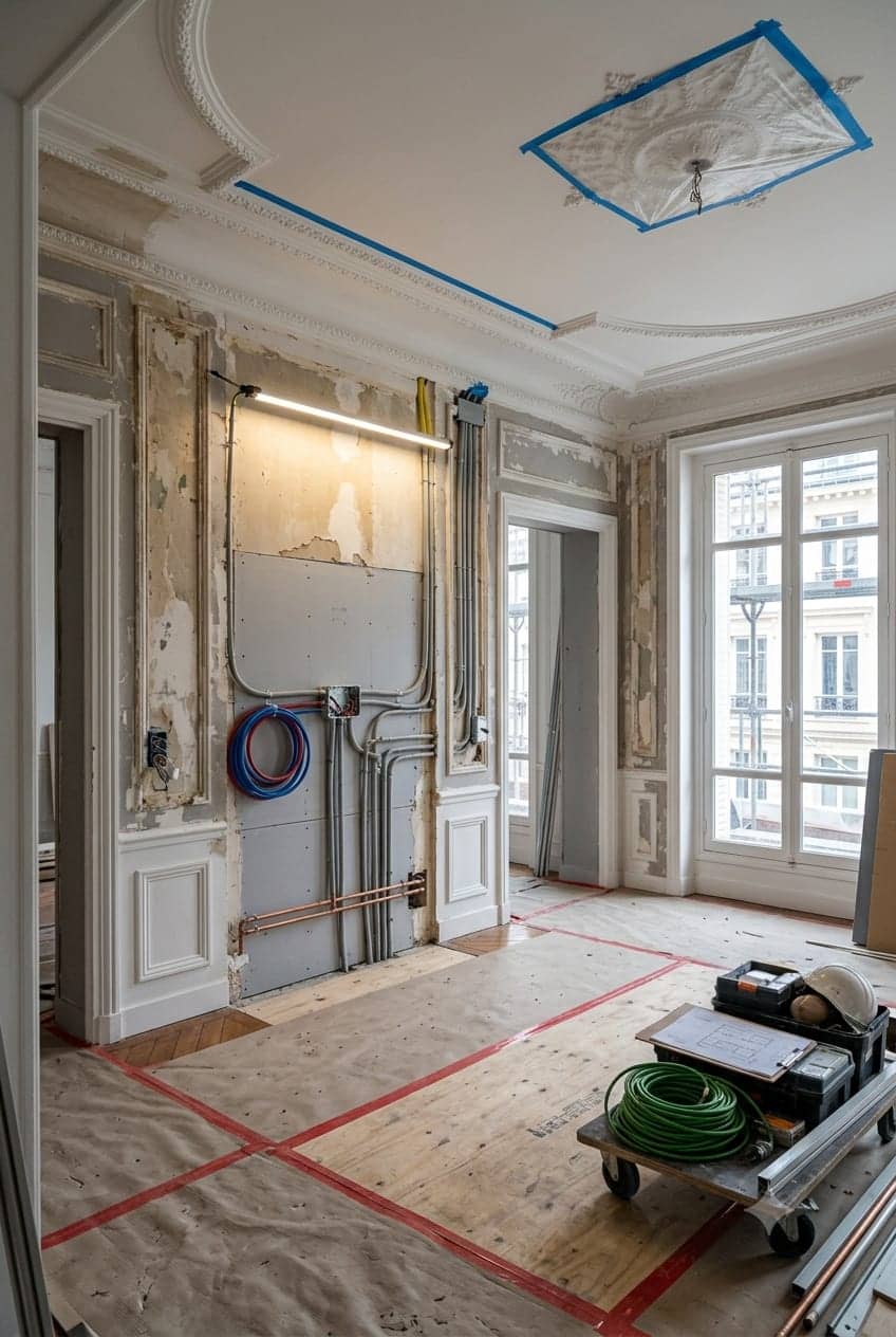 Chantier de rénovation d'appartement haussmannien avec réseaux électriques apparents et sol protégé