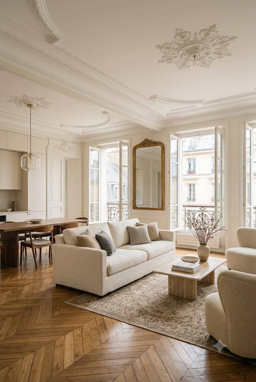 Salon haussmannien avec canapé crème, parquet en point de Hongrie et miroir ancien