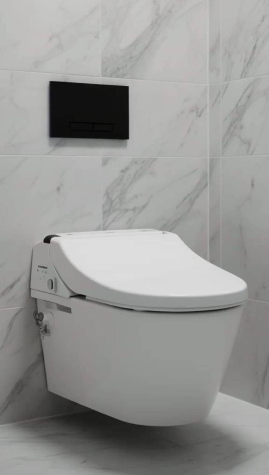 WC suspendu blanc, plaque de commande noire et carrelage effet marbre, Issy-les-Moulineaux