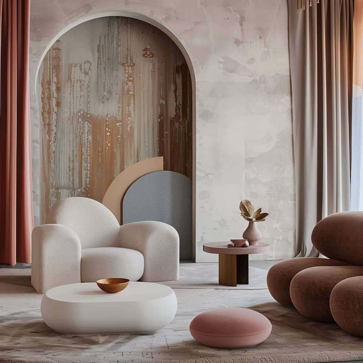 Salon aux tons rosés et bruns avec fauteuil en bouclé, table basse blanche et arche décorative