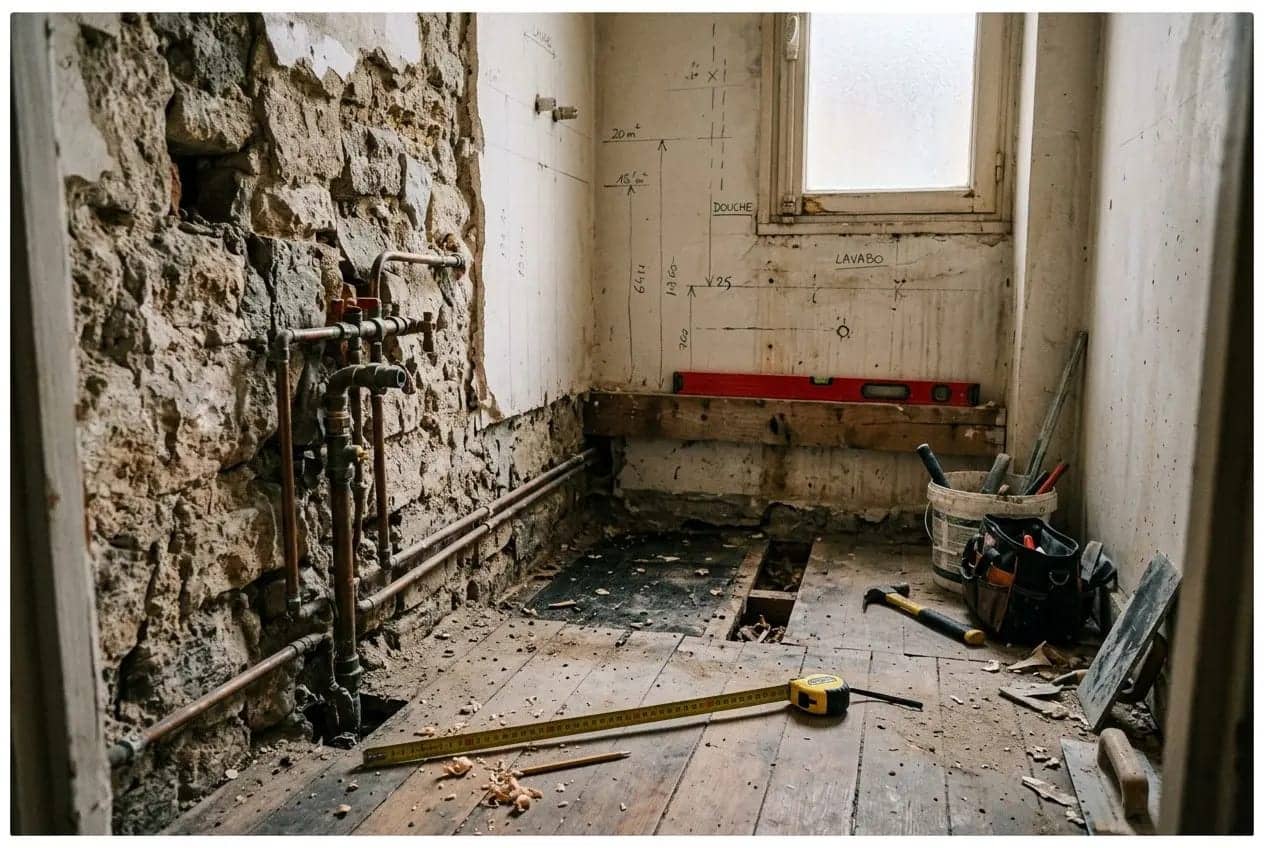 Chantier de rénovation: ancienne salle de bain en travaux, murs en pierre et plâtre dénudés, outils et niveau au sol, fenêtre déglacée et revêtement retiré. Rénovation salle de bain petit en cours.