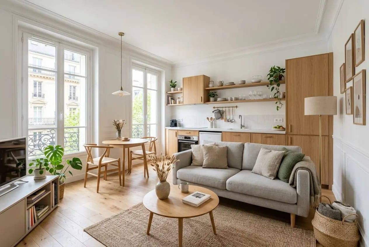 Coin salon et cuisine ouverte dans un petit appartement lumineux, with mezzanine? Wait. Let's craft properly. Description: Salon et cuisine ouverte dans un petit appartement 40m2 lumineux, canapé gris près d’une table basse ronde, cheminée et étagères bois, grand fenêtres, table à manger avec chaises, plantes et rangements fonctionnels.