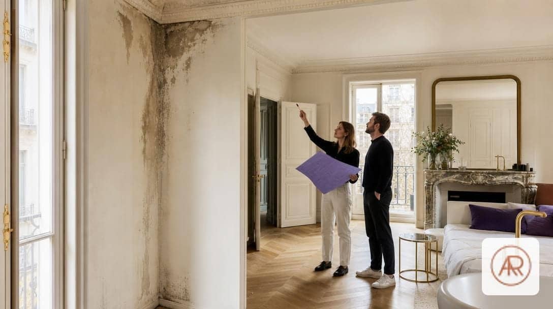 Mur intérieur humide avec tache sombre et moisissures dans un appartement haussmannien en rénovation