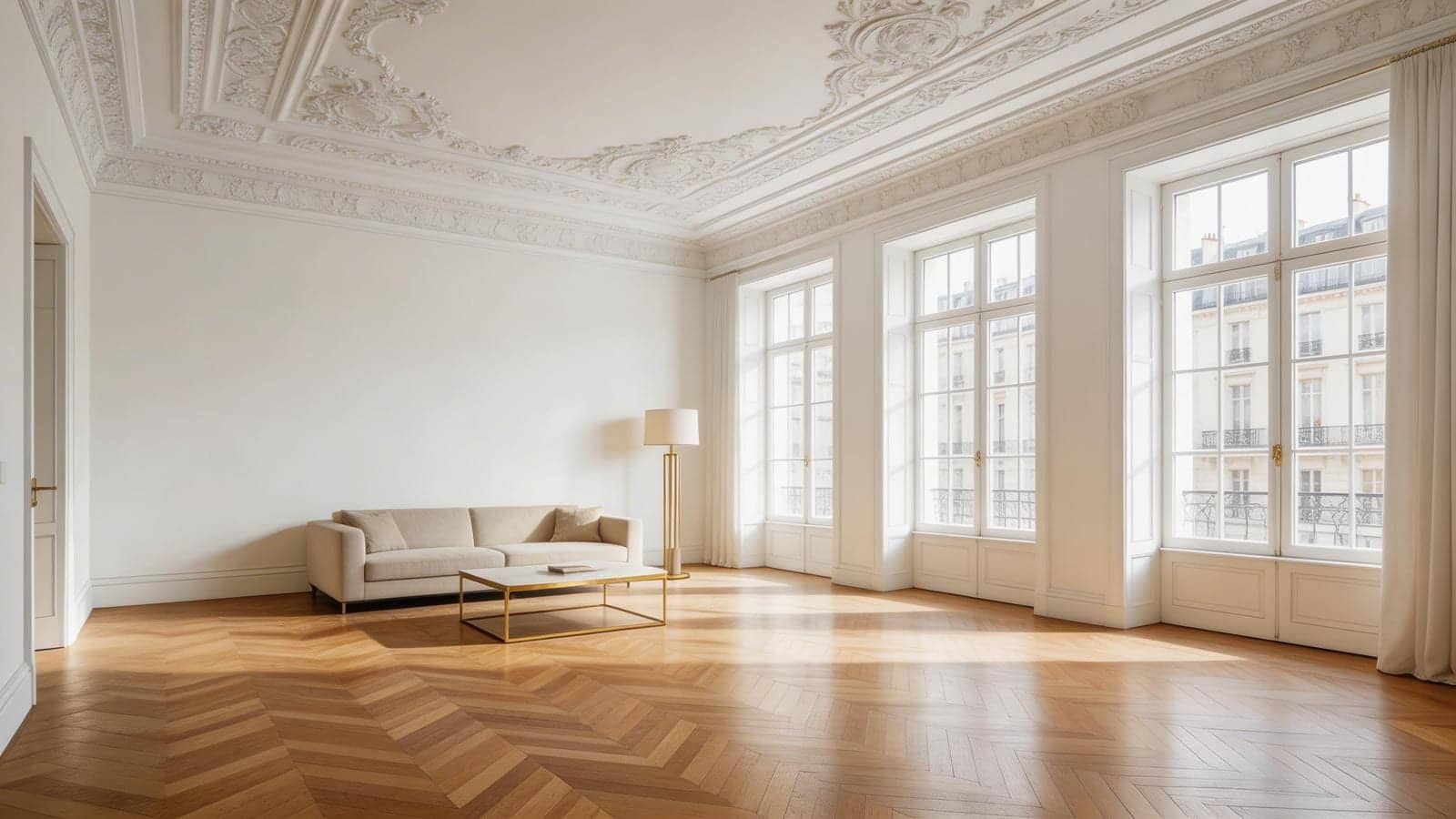 Grand salon haussmannien vide avec moulures, hautes fenêtres, canapé beige et parquet à Paris