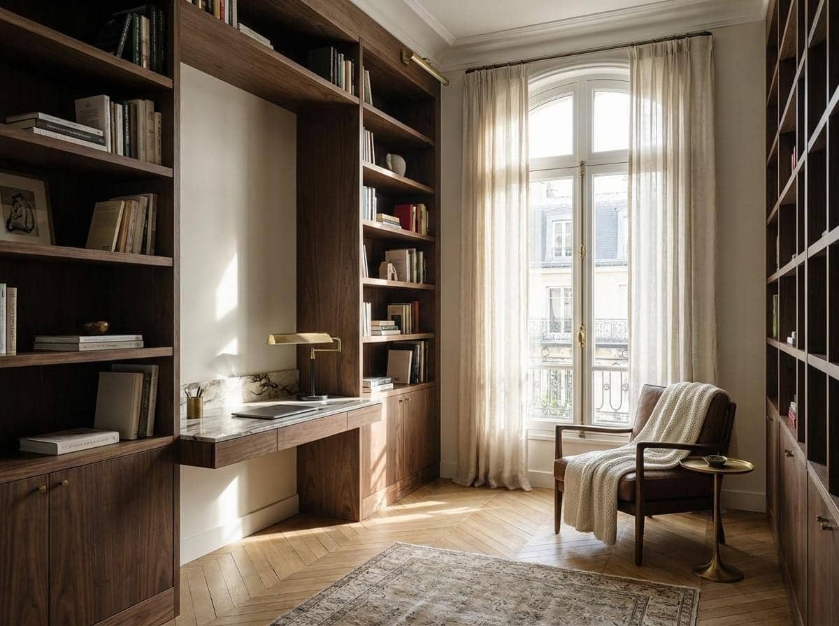 Bureau avec bibliothèque en noyer, plan en marbre, fauteuil en cuir et parquet en chevrons