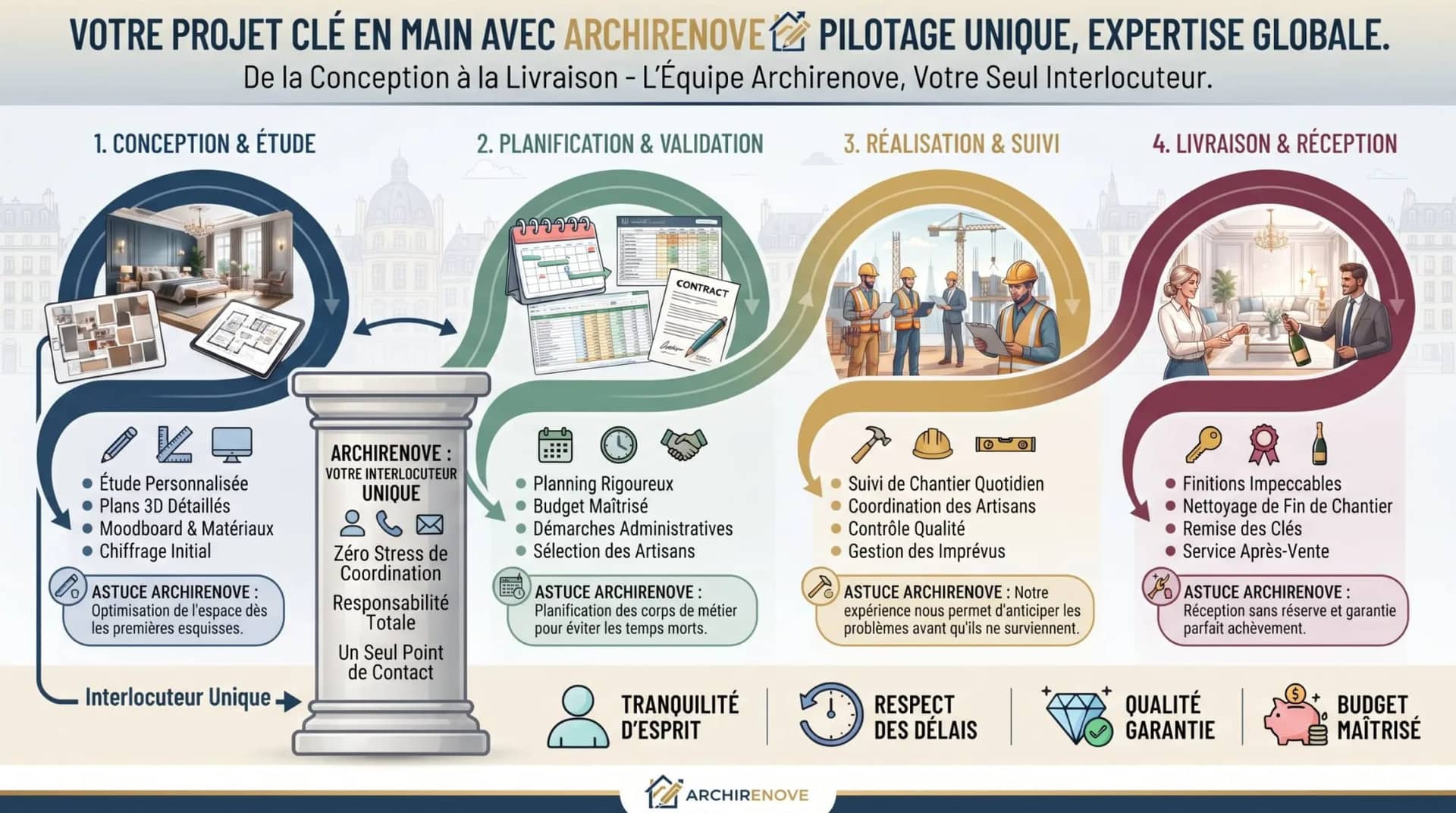 Description ALT: Infographie “Votre projet clé en main avec Archirenove” montrant les étapes Conception, Planification, Réalisation et Livraison avec unsicône pilier central et ouvriers sur les chantiers à Paris, présentant l’accompagnement Archirenove.