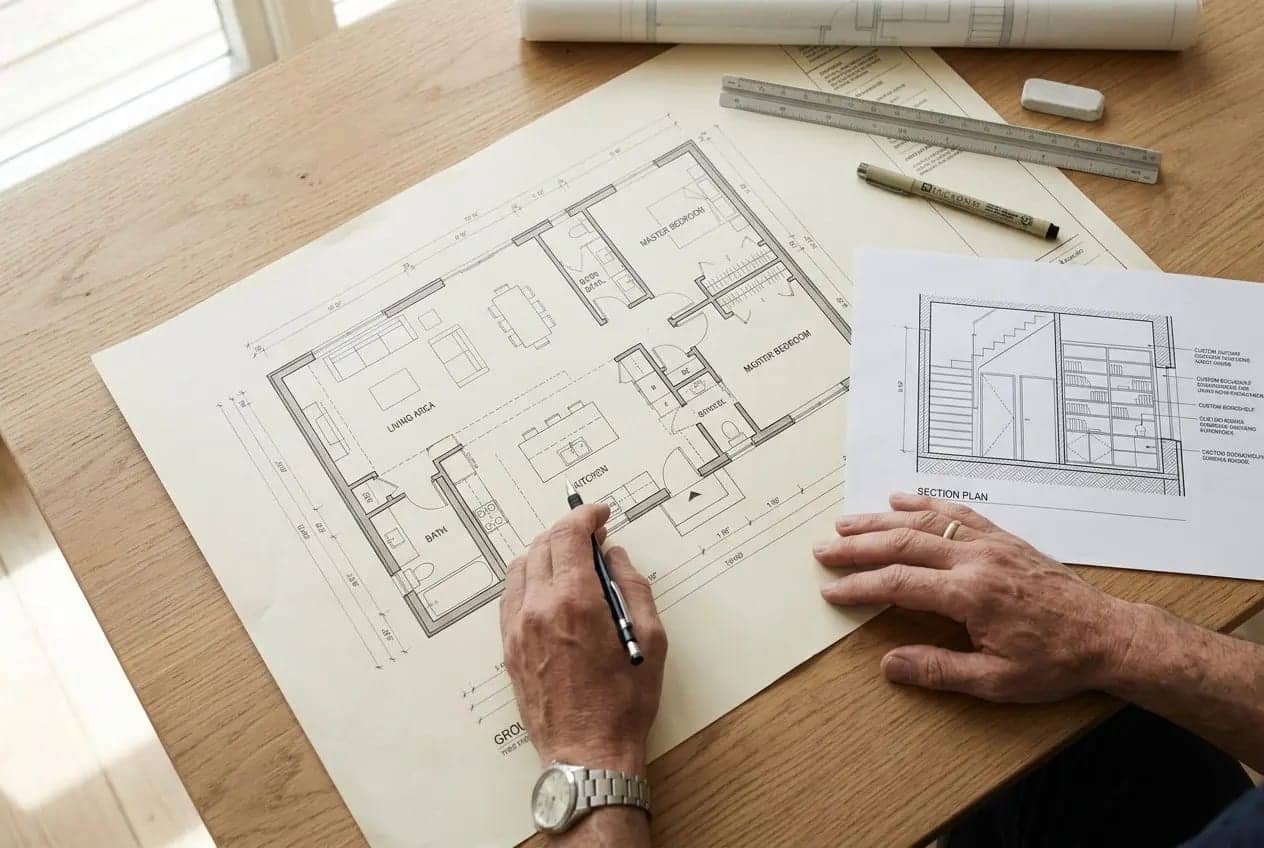 Dessins d’architecture sur une table: plans d’agencement intérieur appartement tracés par un homme tenant un crayon, avec règle et esquisses supplémentaires.