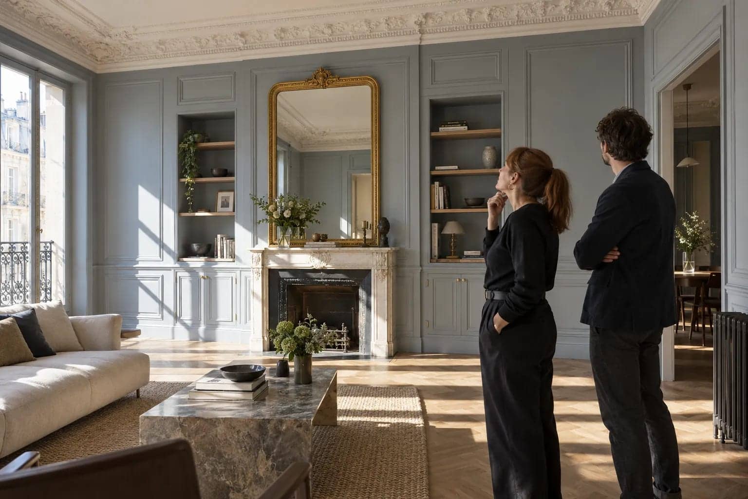 Deux personnes en tenue sombre discutent dans un salon élégant au décor bleu-gris avec cheminée et miroir doré.