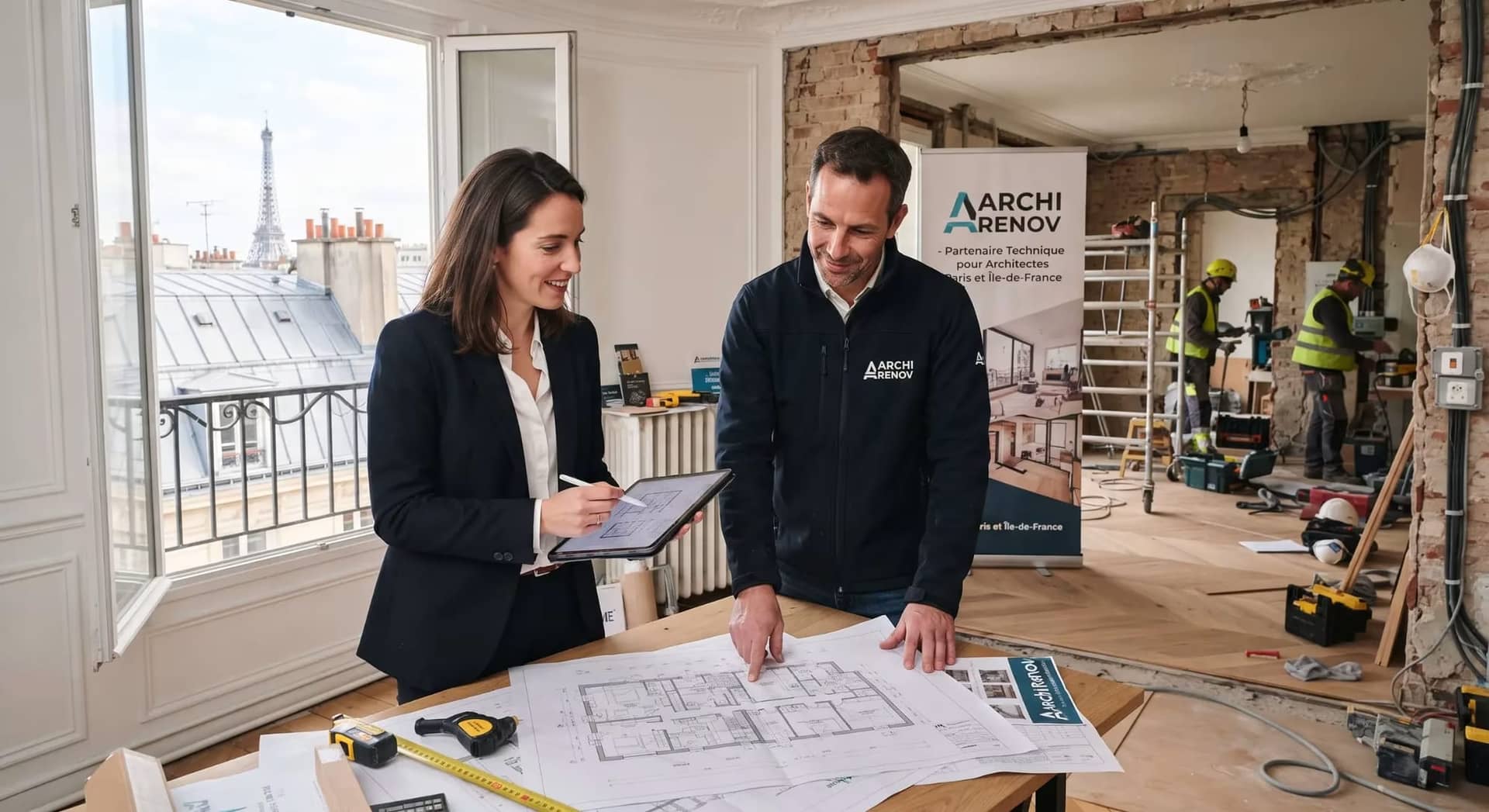 Deux professionnels planifiant une rénovation dans un espace intérieur en travaux, avec plans et tablette, ambiance chantier et fenêtres donnant sur Paris.