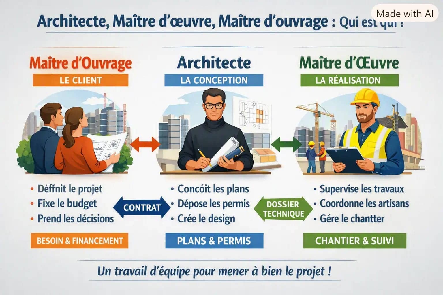 Diagramme illustrant les rôles dans un projet de rénovation: Maître d’Ouvrage (client), Architecte (conception) et Pilote de projet (réalisation) avec flux contractuel, plans, permis et suivi chantier.