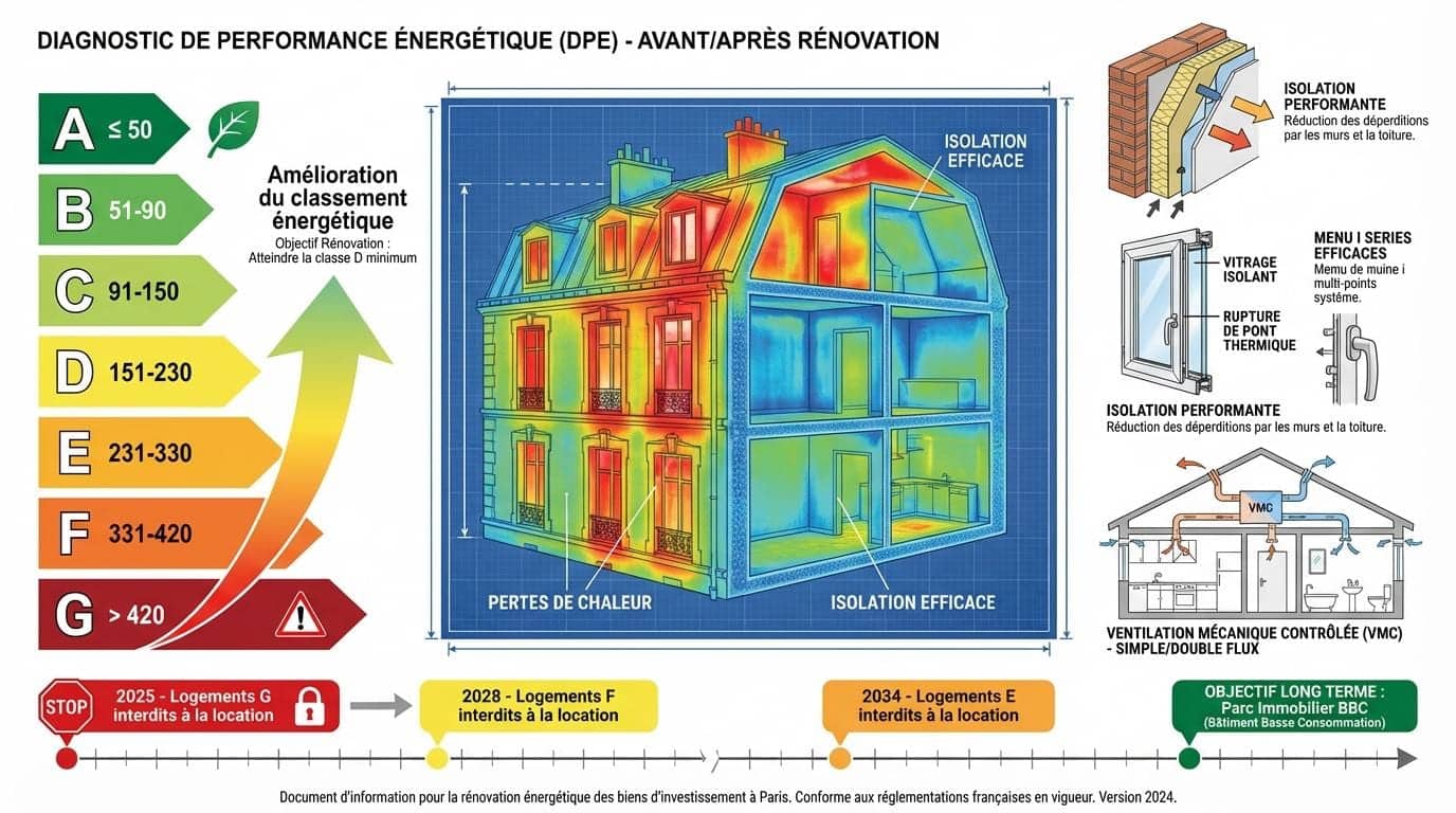 Infographie du DPE avant et après rénovation : étiquettes A à G et déperditions de chaleur