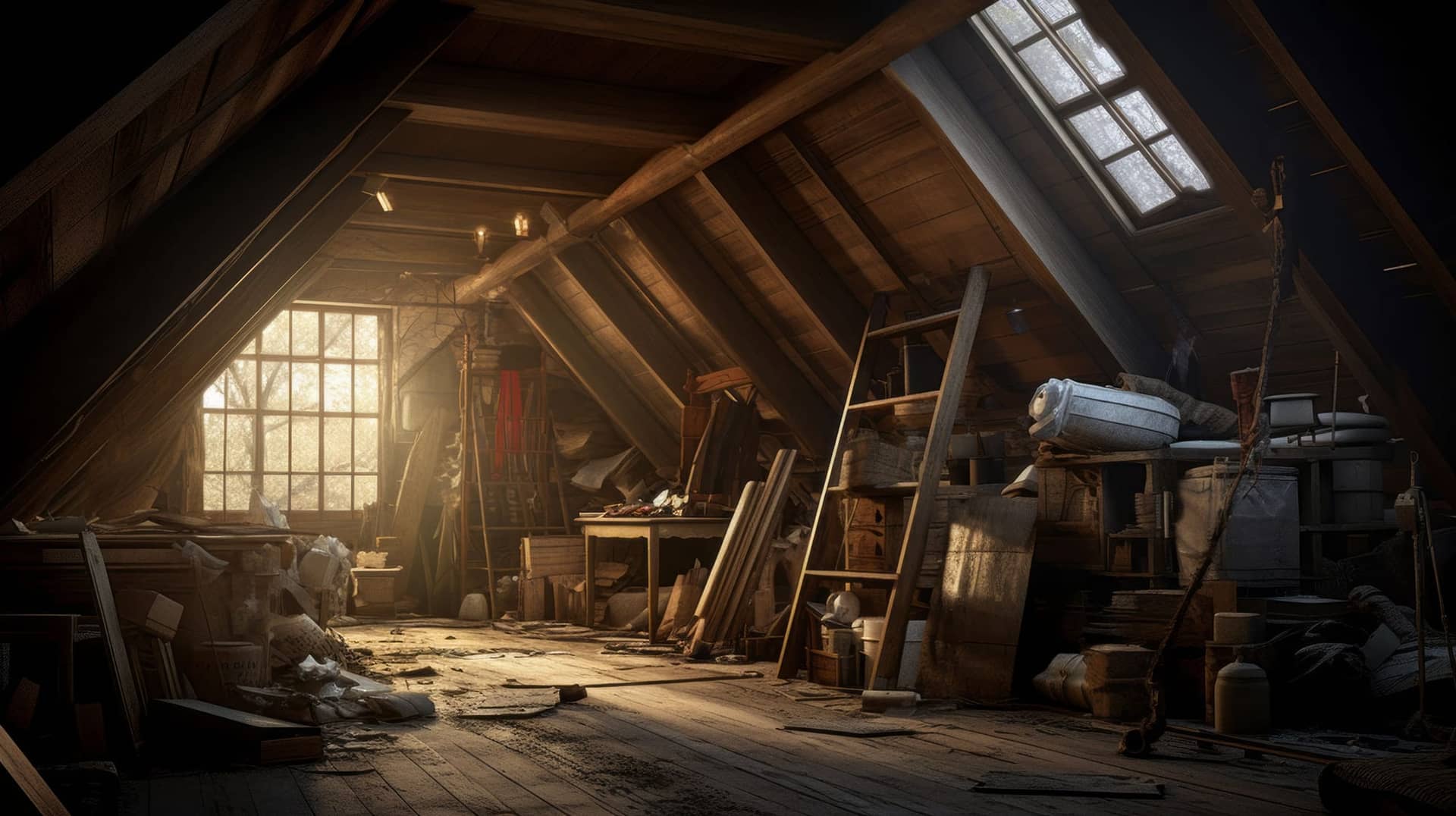 Grenier encombré sous charpente en bois, avec échelle et lumière entrant par la fenêtre