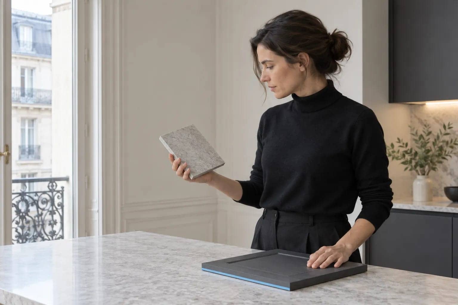 Une femme à l’allure professionnelle tient une échantillon de matière pendant qu’elle pose une plaque sur un plan de travail