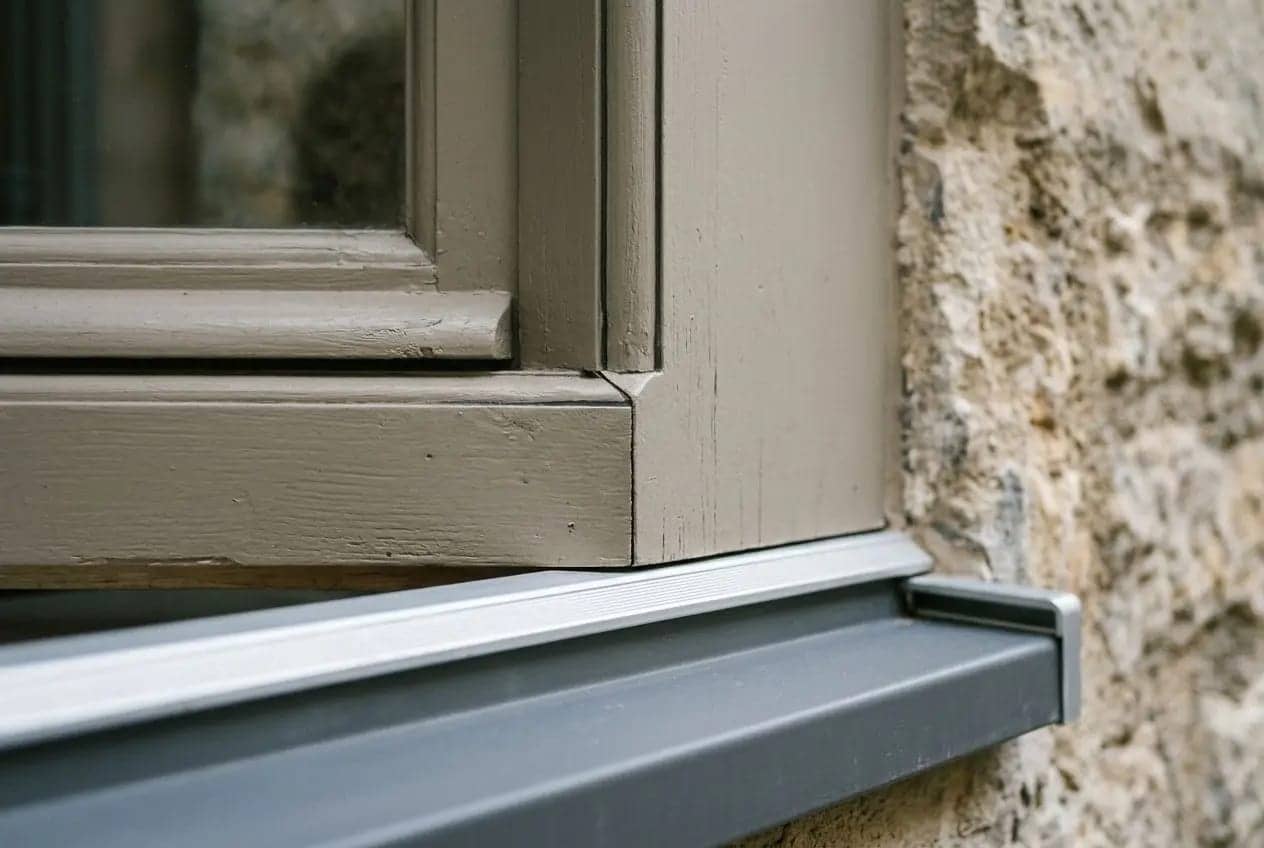Fenêtre à cadre bois sur mur en pierre, avec rebord et isolant PVC gris en dessous, illustration de choix de menuiseries.