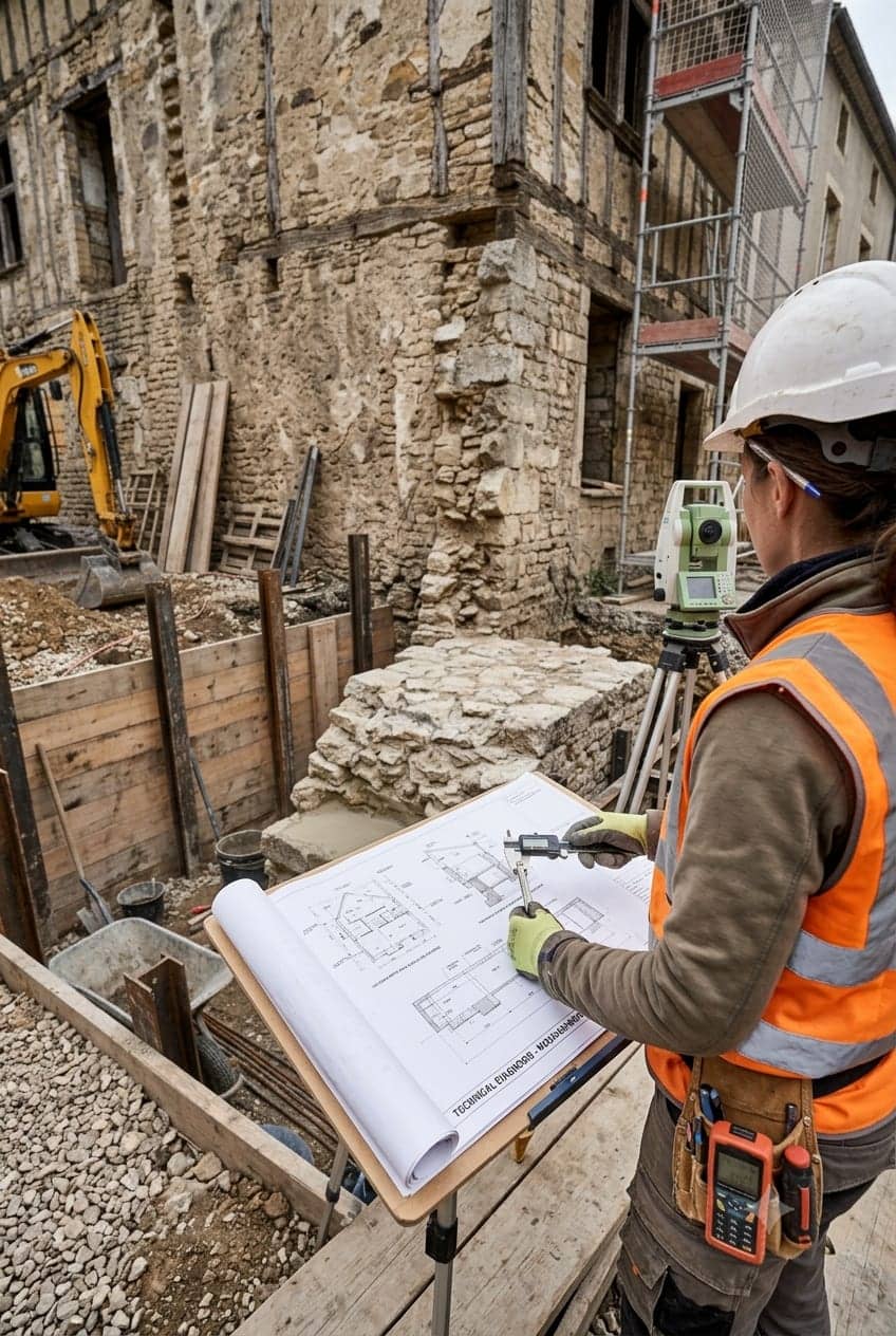 Ingénieur avec casque et plans sur un chantier de maison ancienne en pierre, théodolite et pelleteuse