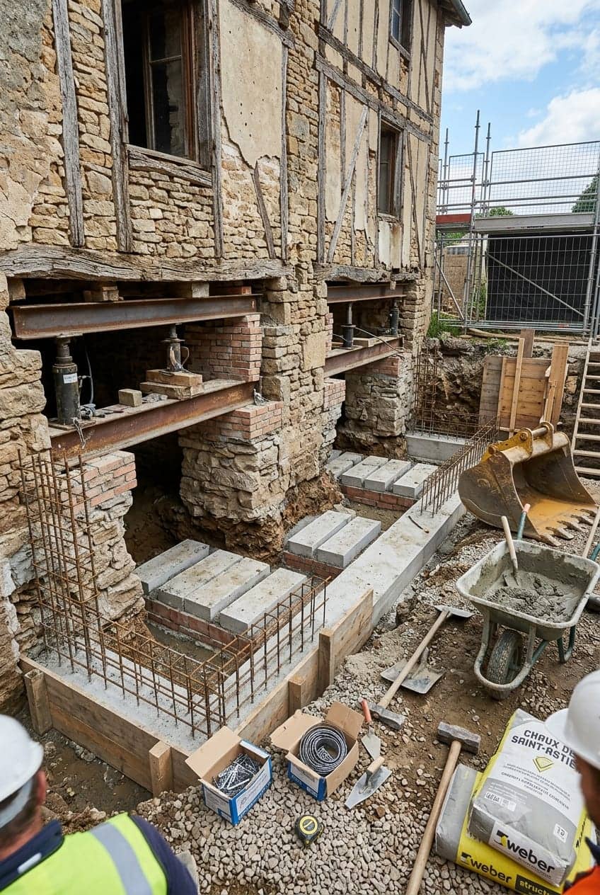 Reprise en sous-œuvre des fondations d'une maison ancienne en pierre et colombages avec ferraillage