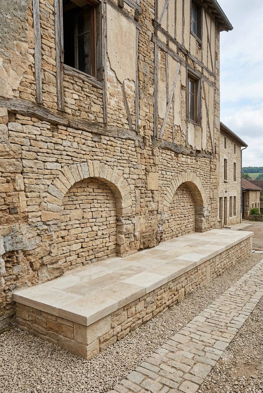 Banc en pierre claire devant un mur ancien en pierre et colombages avec arcades