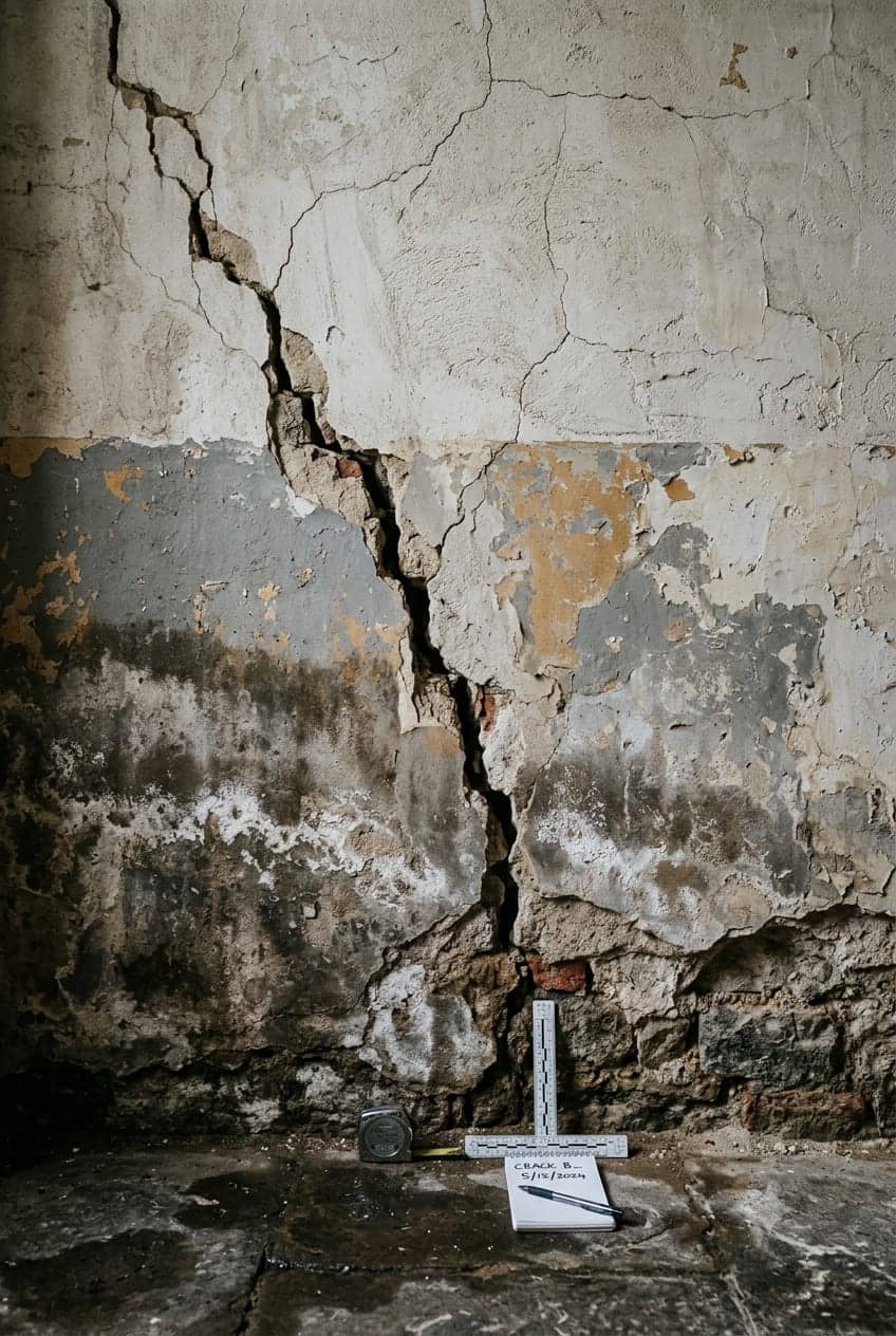 Mur fissuré et dégradé en pierre ancienne, signe de fragilité des fondations