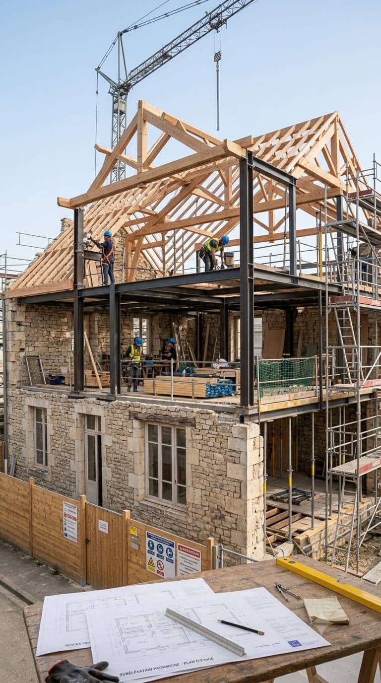 Surélévation d'une maison en pierre : charpente bois, structure métallique, grue et plans