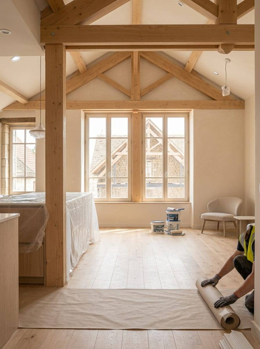 Pièce sous charpente en bois clair, grandes fenêtres, parquet en chêne et ouvrier posant une protection