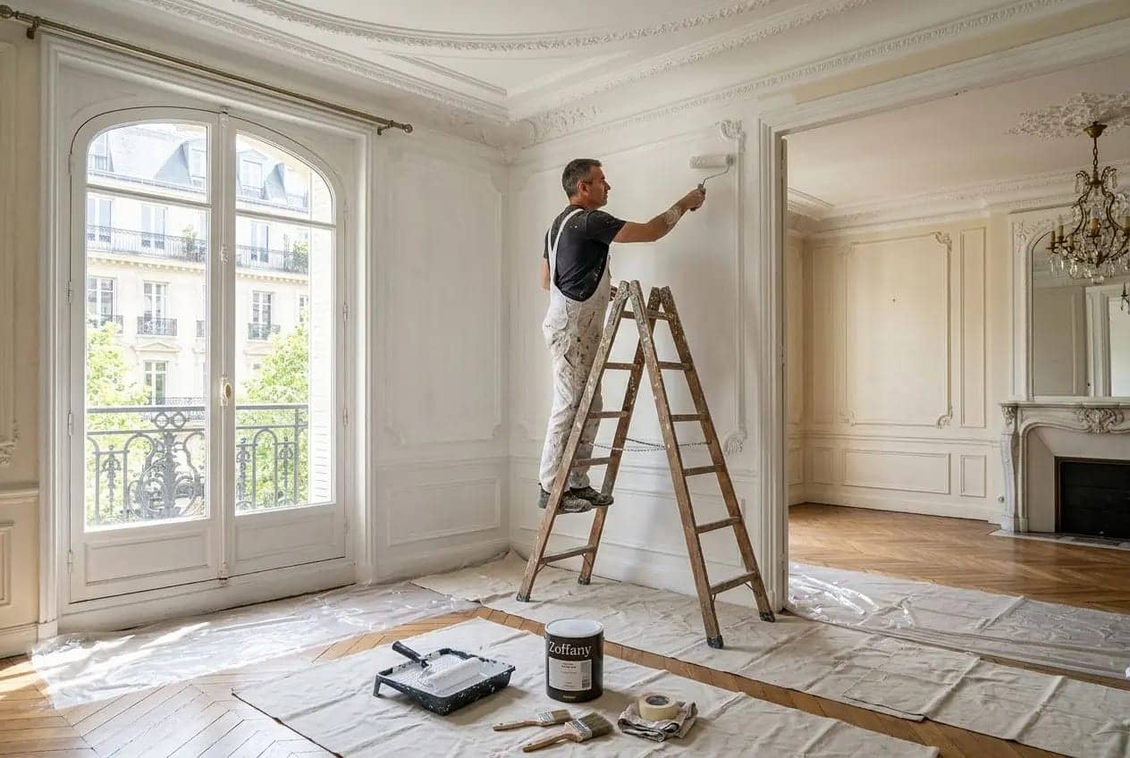 Homme peignant un mur dans un salon élégant, debout sur une échelle, avec pots et outils de peinture au sol; devis peinture appartement paris.