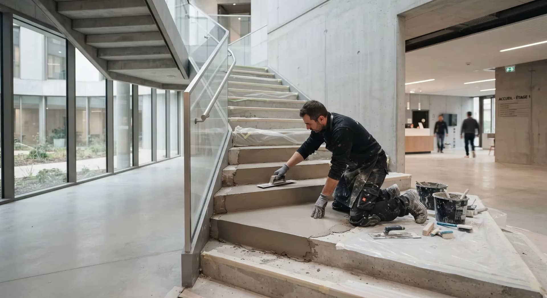 Homme en travaux sculptant des marches en béton dans un hall lumineux, matériel et poussière autour.