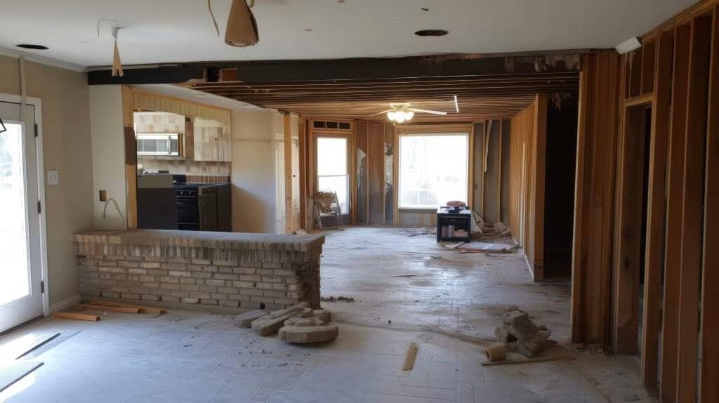 Pièce de vie en chantier avec cloisons ouvertes, ossature en bois et sol dégradé