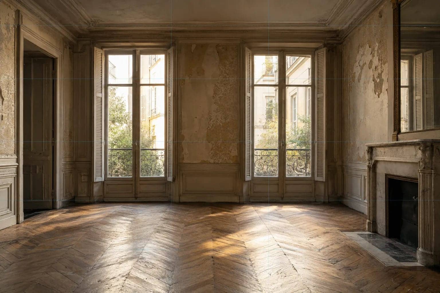 Intérieur d’un salon ancien avec parquet en chevrons, grandes fenêtres et cheminée.