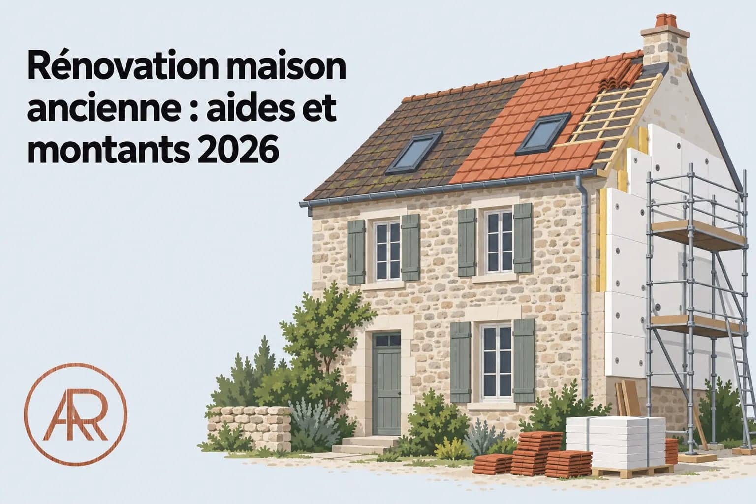 Maison ancienne en rénovation avec échafaudage et matériaux de construction autour.