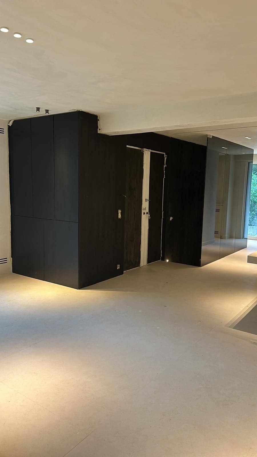 Agencement d'appartement avec grand meuble sur mesure en bois sombre intégrant la porte d'entrée à Vincennes