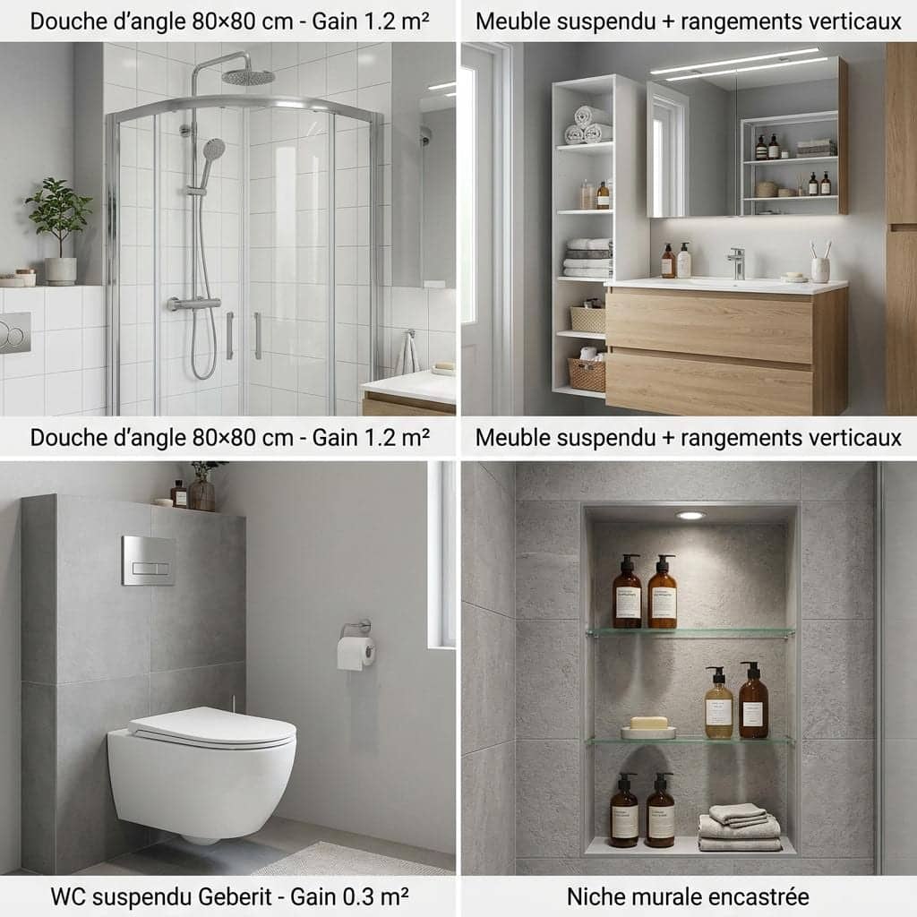 Quatre solutions pour petite salle de bain : douche d'angle, meuble suspendu, WC suspendu, niche