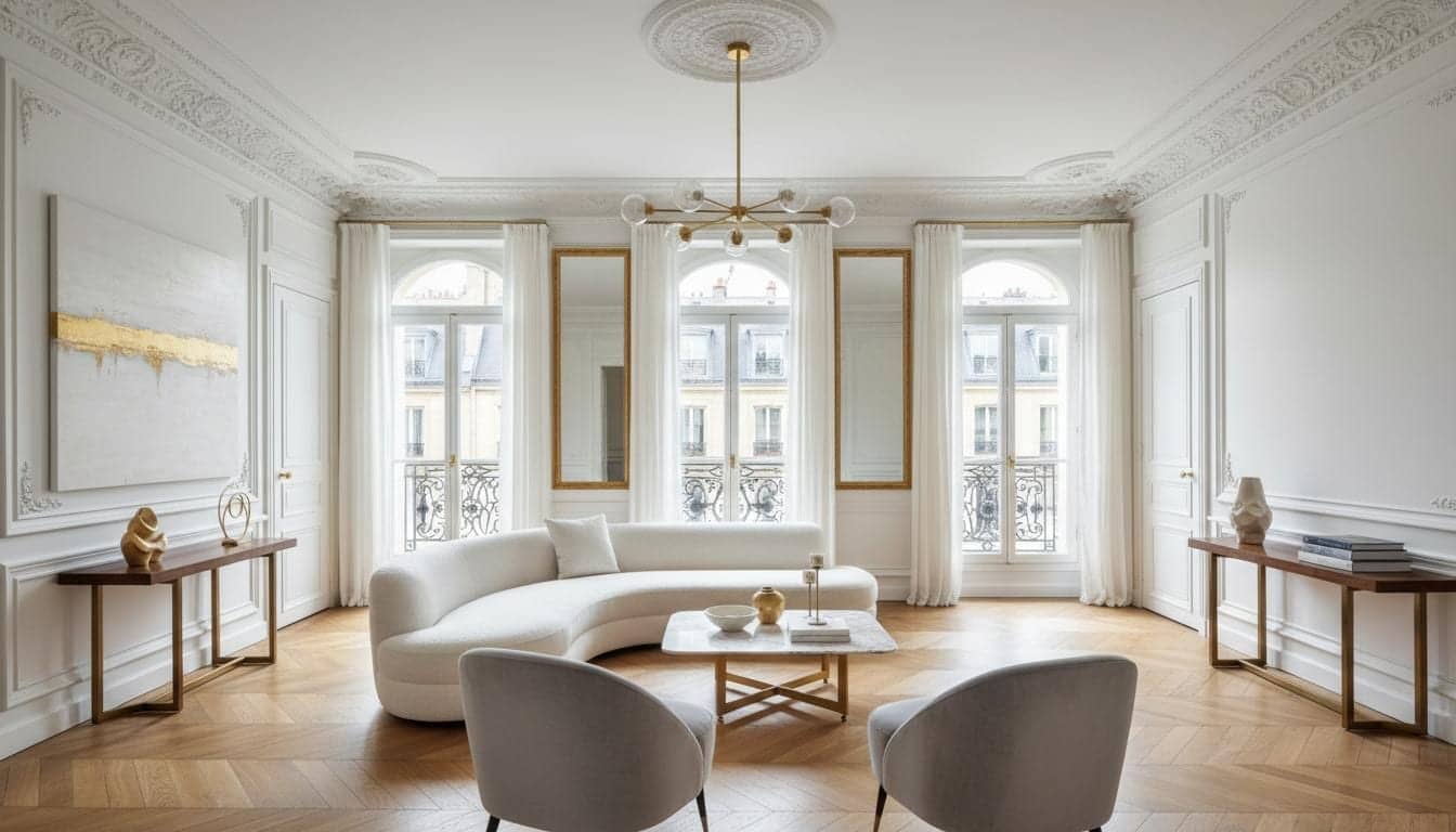 Salon haussmannien blanc avec canapé courbe en bouclé, fauteuils gris, lustre en laiton et miroirs dorés