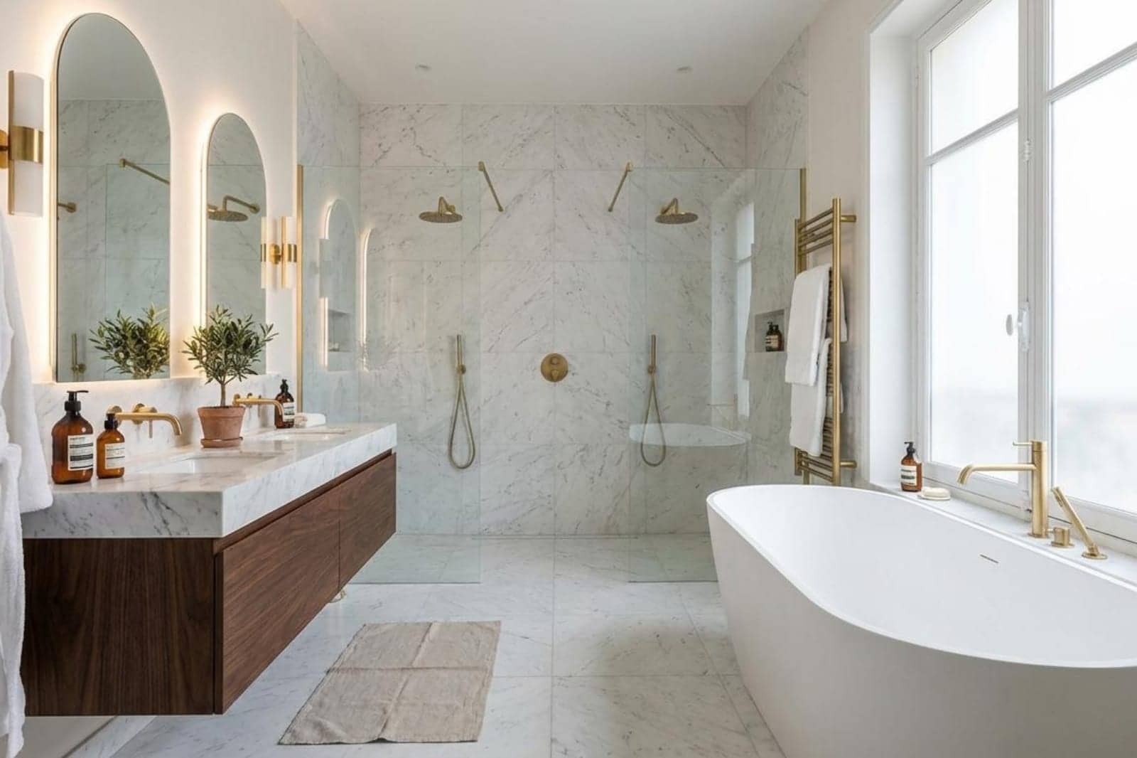 Salle de bain en marbre blanc avec baignoire îlot, double douche, meuble en noyer et laiton